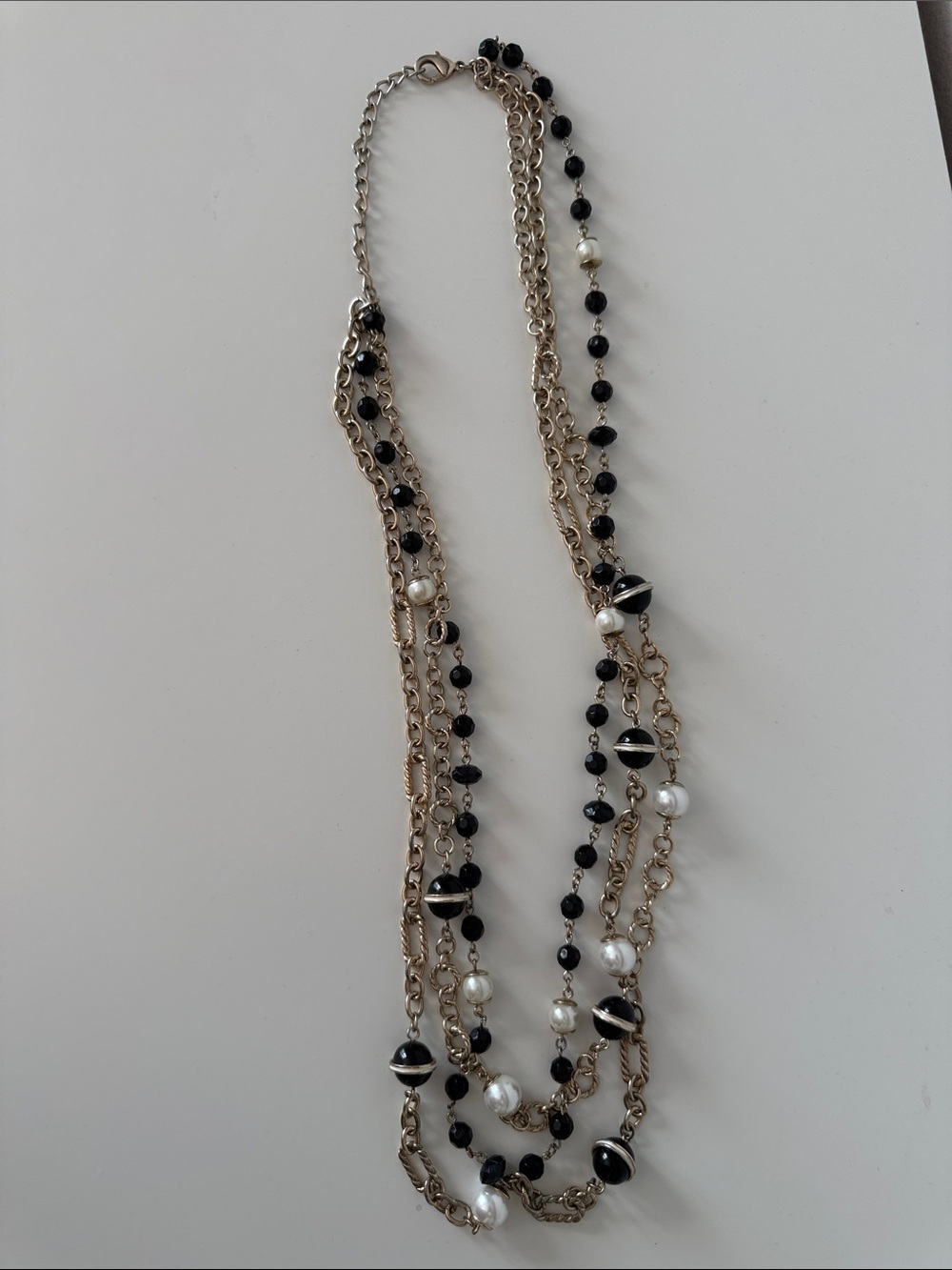 Layered Gold, Black & White Beaded Chain Necklace